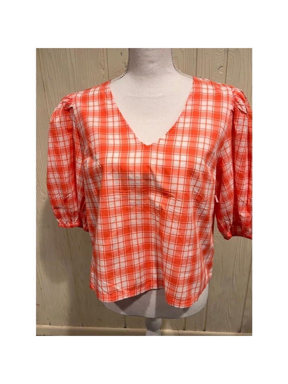 Melrose and Market Orange Gingham Puff Sleeve Blouse Medium